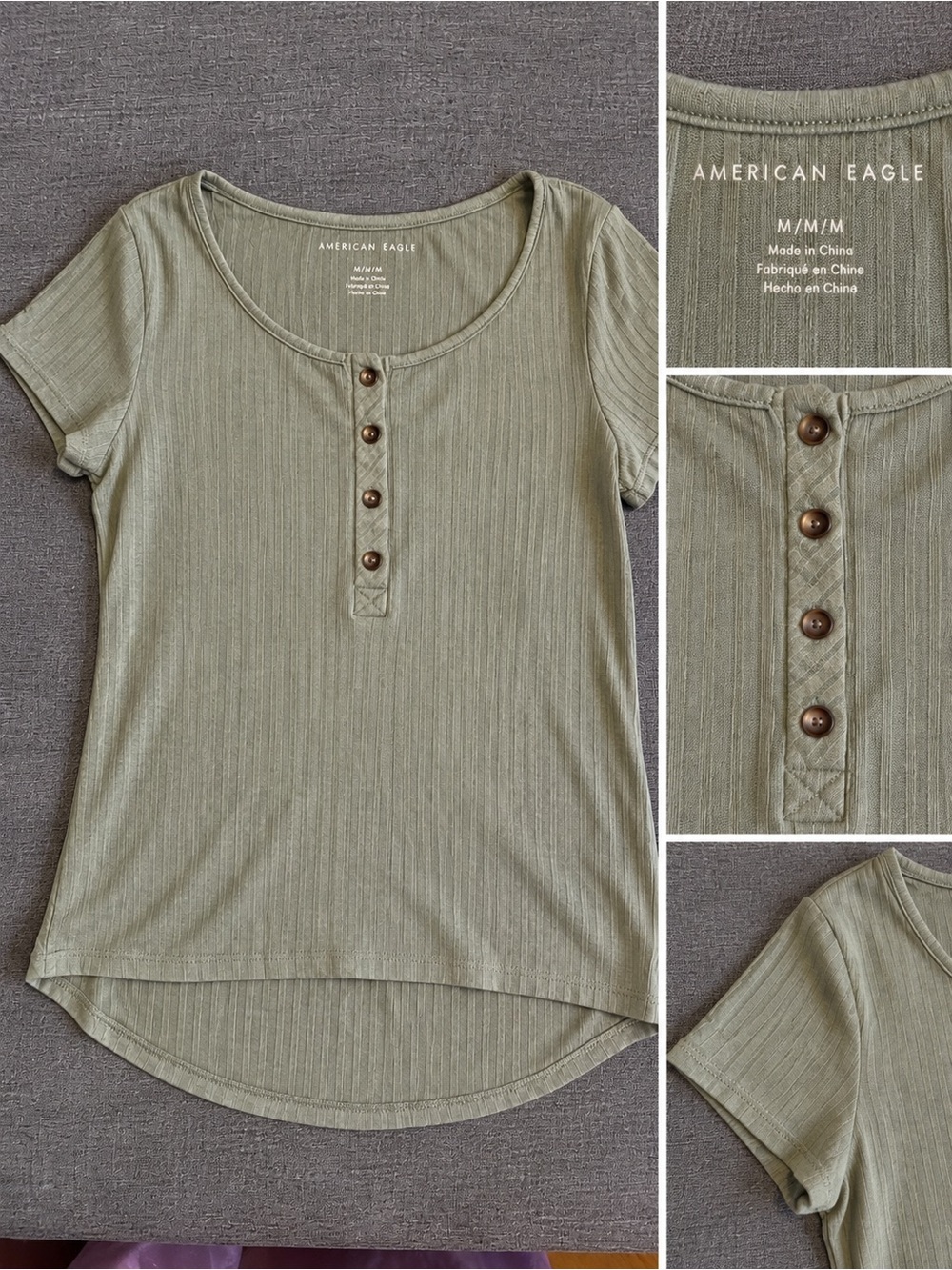 American Eagle Outfitters Olive Ribbed Henley Tee with Button Placket